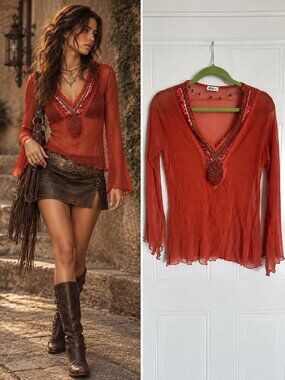 Chagall Rust Burnt Orange Sheer Beaded Bell Sleeve Mesh Boho Top Whimsigoth S/M